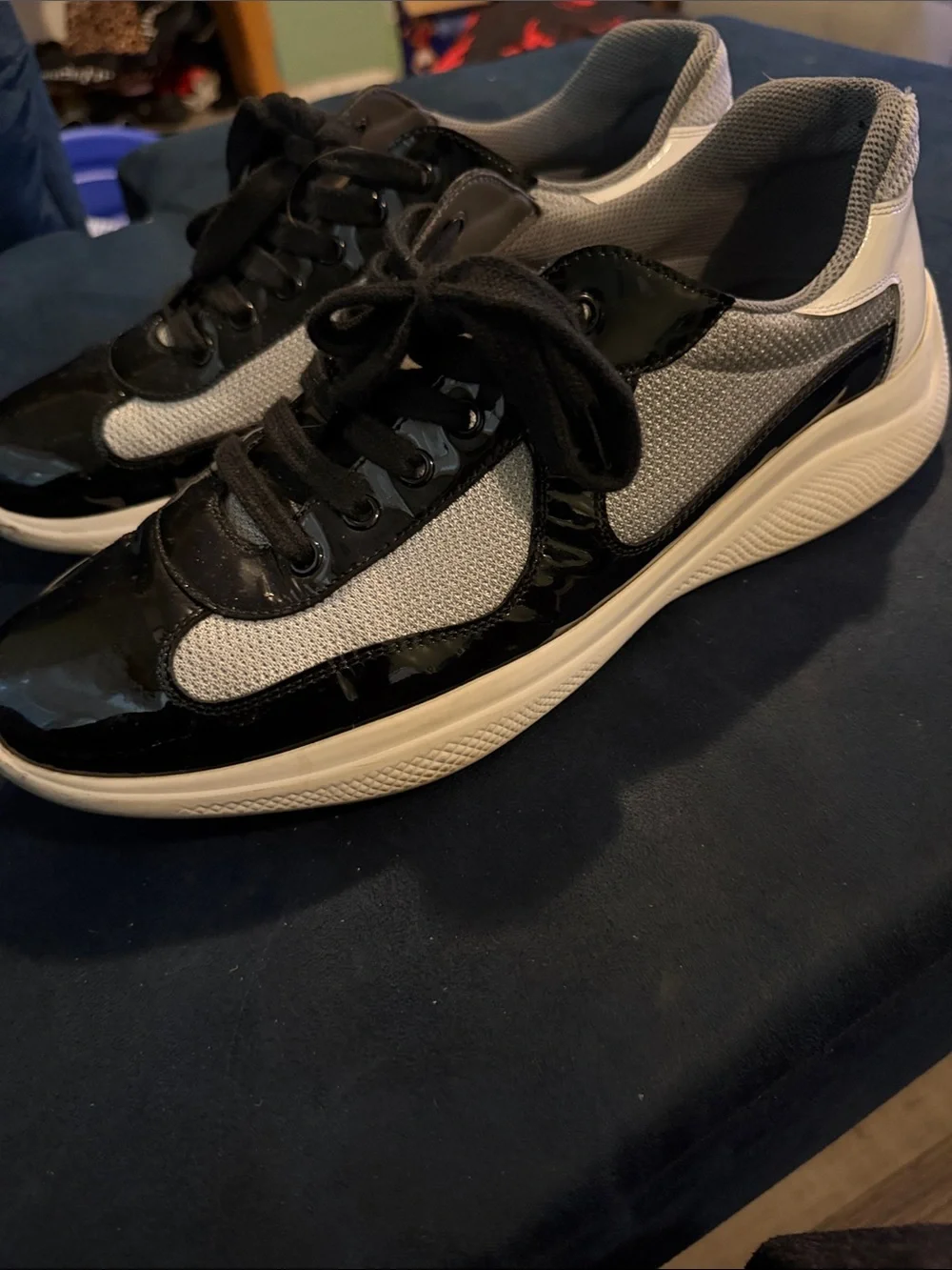 Prada Black Patent and Gray Mesh Men’s Low-Top Sneakers
